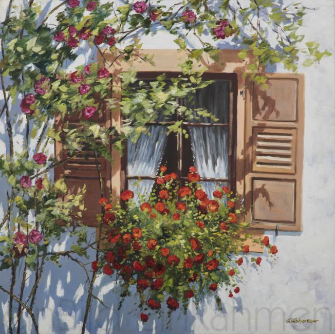 Rosen am Fenster guenther fruehmesser Öl auf Leinwand von der gallerie EinBild EinRahmen